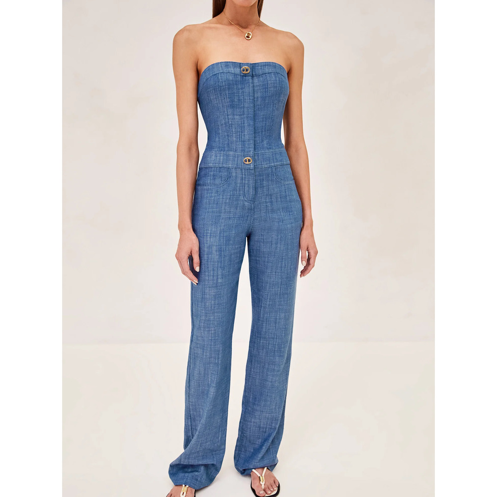 NWT Alexis Breslin Strapless Straight Leg Denim Jumpsuit Blue Women's Medium